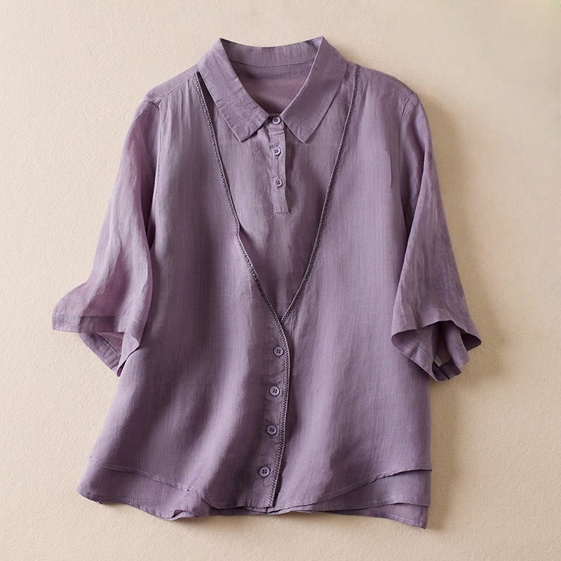 Nimara Ritual Retro Plain Fake Two Pieces Button Half Sleeve Design Women's Cotton Linen Shirt