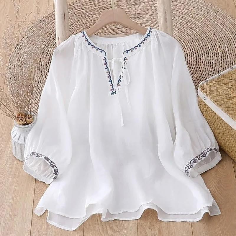 Nimara Ritual Summer Embroided Three Quarter Lantern Sleeve Women's T-Shirt