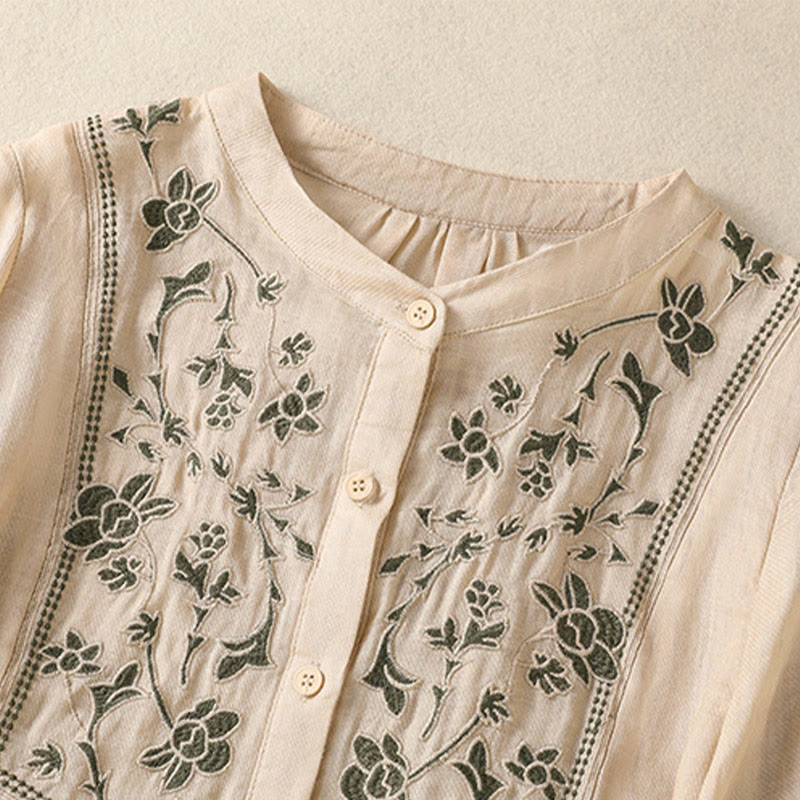 Nimara Ritual Embroidery Single Breasted Women's Cotton Linen Three Quarter Sleeve Shirt