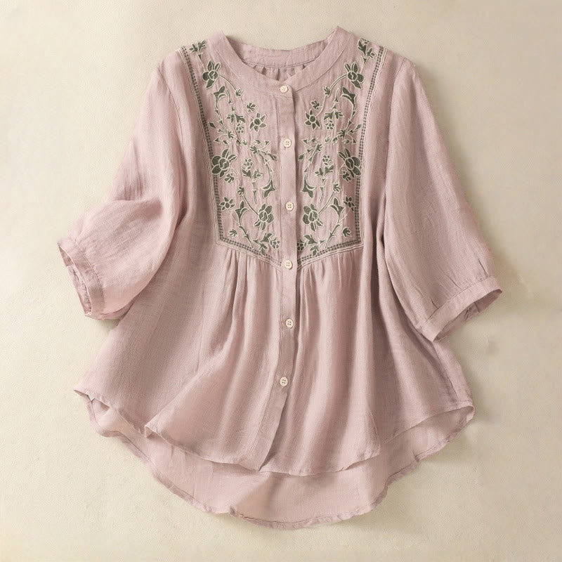 Nimara Ritual Embroidery Single Breasted Women's Cotton Linen Three Quarter Sleeve Shirt
