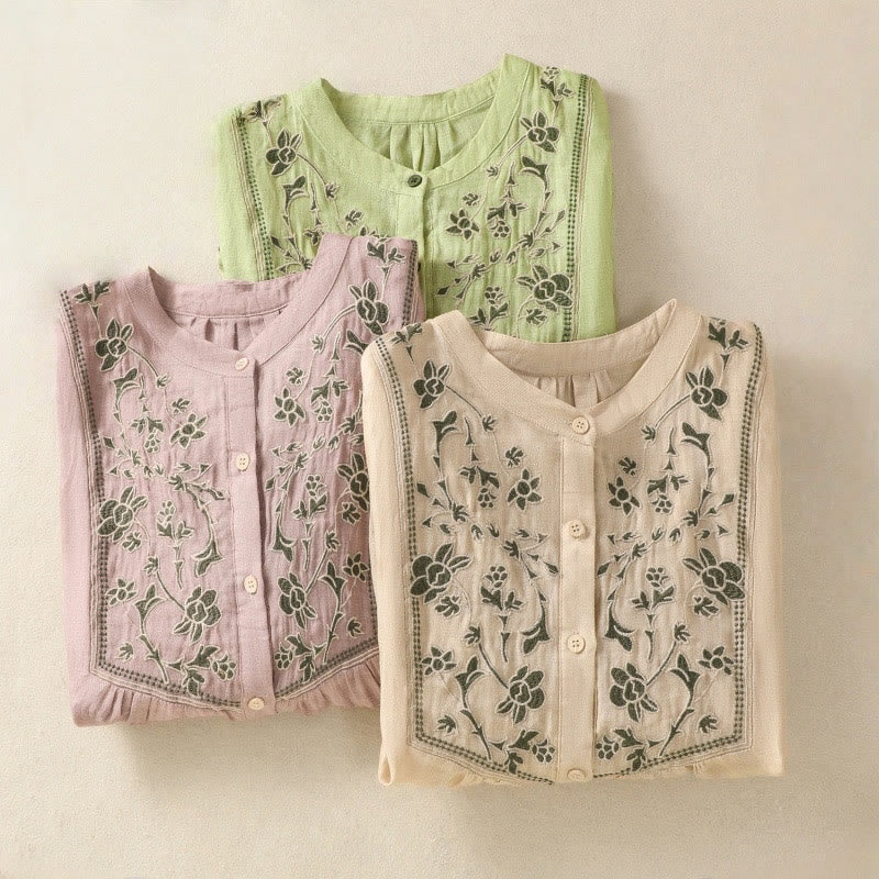 Nimara Ritual Embroidery Single Breasted Women's Cotton Linen Three Quarter Sleeve Shirt