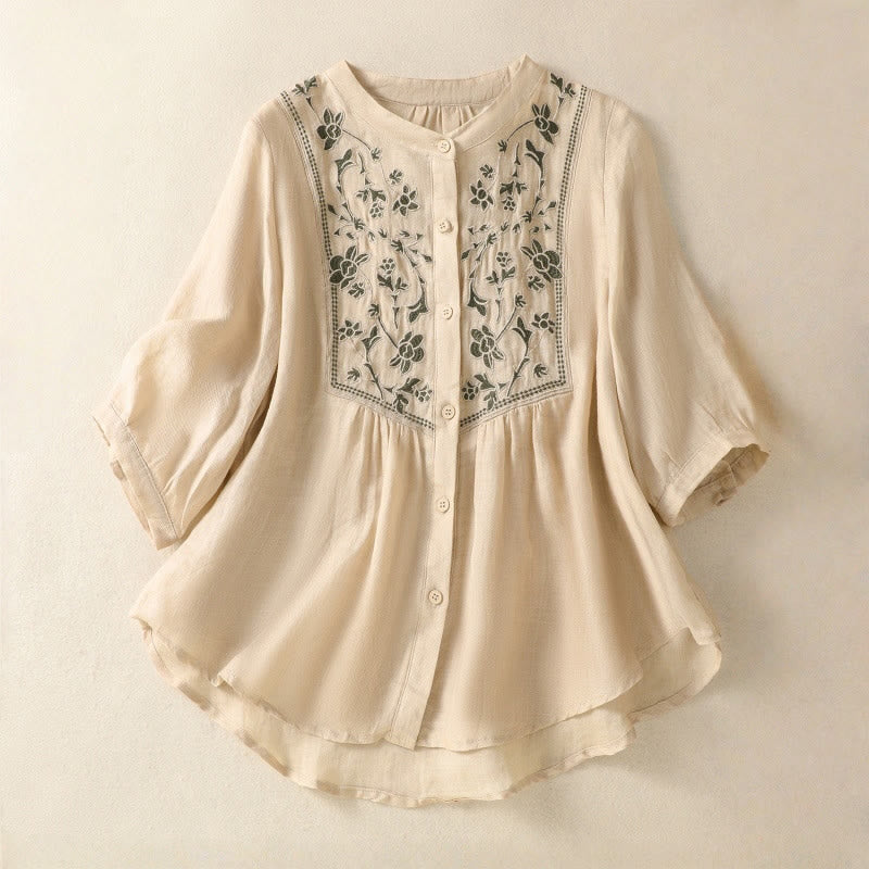 Nimara Ritual Embroidery Single Breasted Women's Cotton Linen Three Quarter Sleeve Shirt