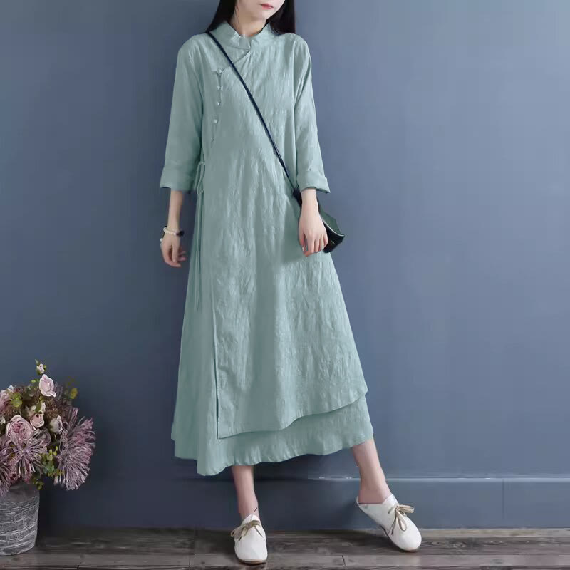 Nimara Ritual Spring Casual Plain Frog-Button Design Side Lace-Up Midi Dress
