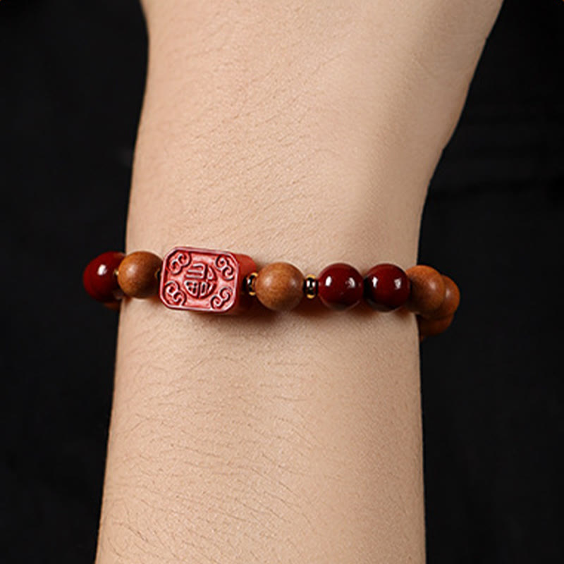 Nimara Ritual Cinnabar Wood Beads Lotus Fu Character Blessing Bracelet