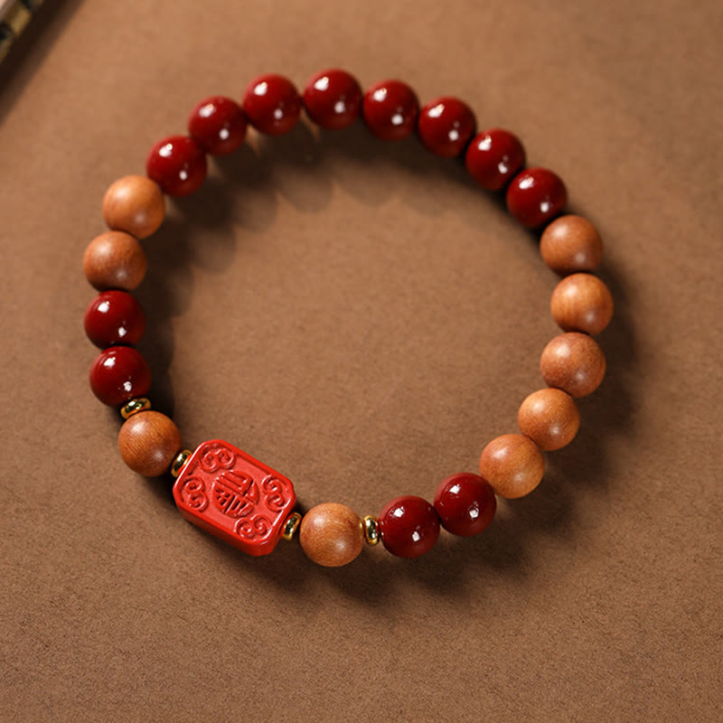 Nimara Ritual Cinnabar Wood Beads Lotus Fu Character Blessing Bracelet