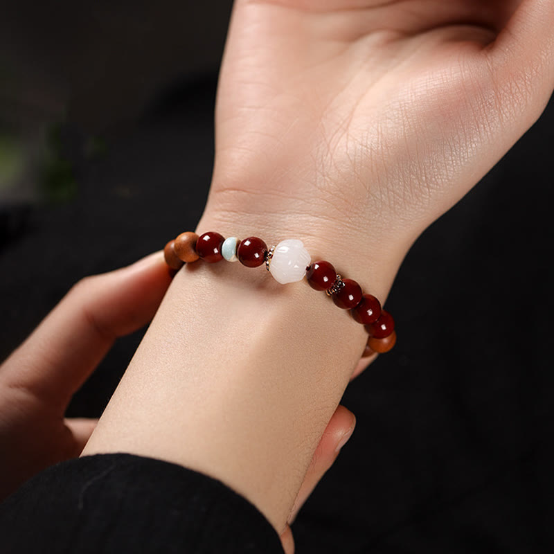 Nimara Ritual Cinnabar Wood Beads Lotus Fu Character Blessing Bracelet