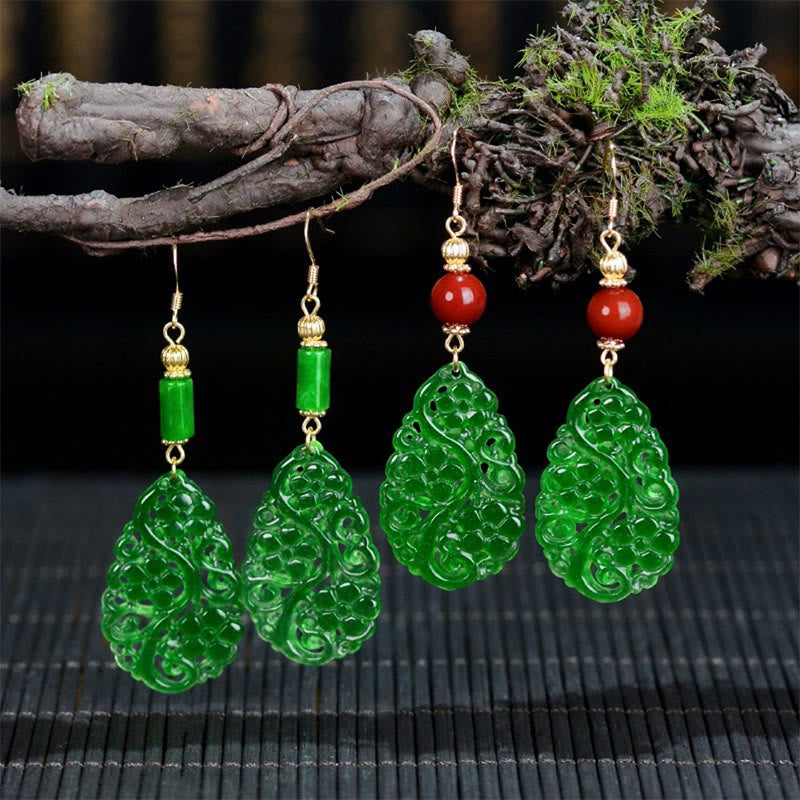 Nimara Ritual Water Droplet Hollow Shape Jade Red Agate 925 Sterling Silver Luck Earrings