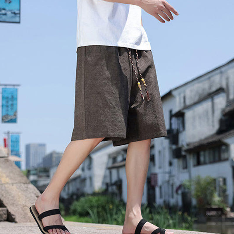 Nimara Ritual Weaving Waist Rope Beads Cropped Linen Men's Shorts With Pockets