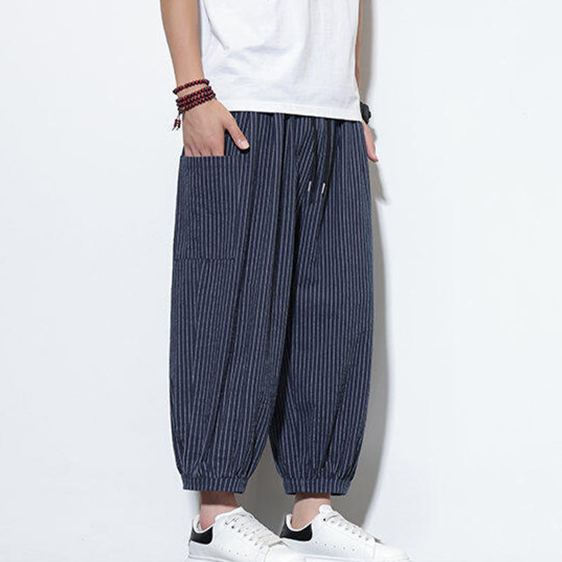 Nimara Ritual Casual Striped Men's Cotton 7-8 Length Harem Pants With Pockets