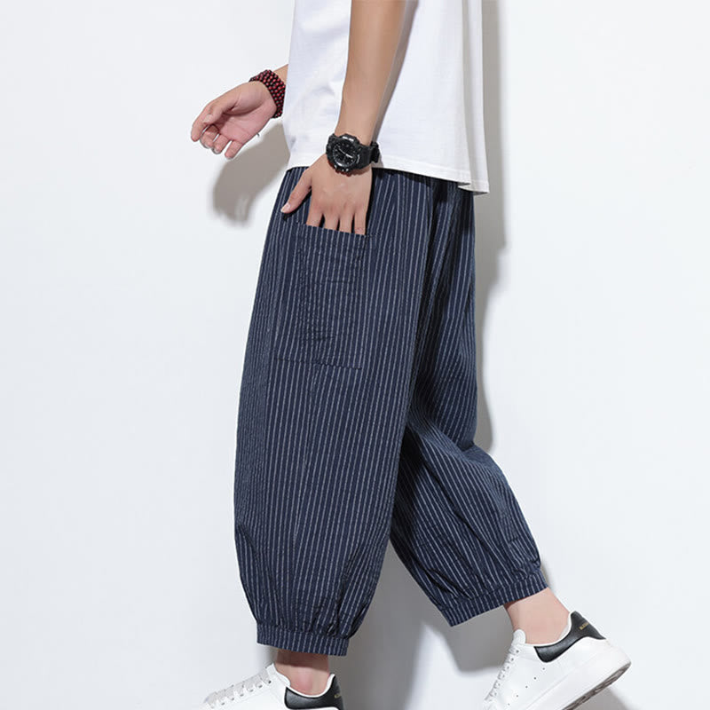 Nimara Ritual Casual Striped Men's Cotton 7-8 Length Harem Pants With Pockets