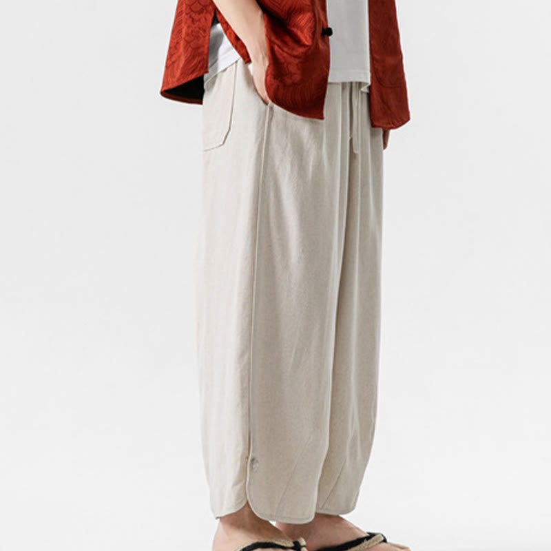 Nimara Ritual Casual Loose Frog-Button Plain Men's Cotton Linen 7-8 Length Pants With Pockets