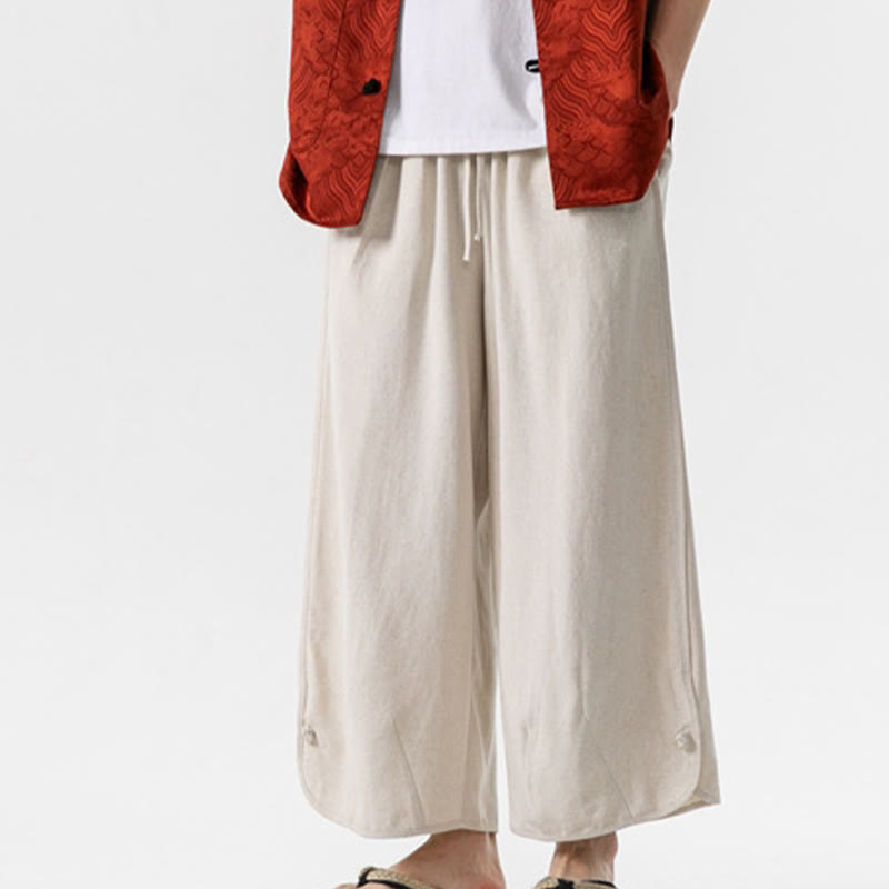 Nimara Ritual Casual Loose Frog-Button Plain Men's Cotton Linen 7-8 Length Pants With Pockets