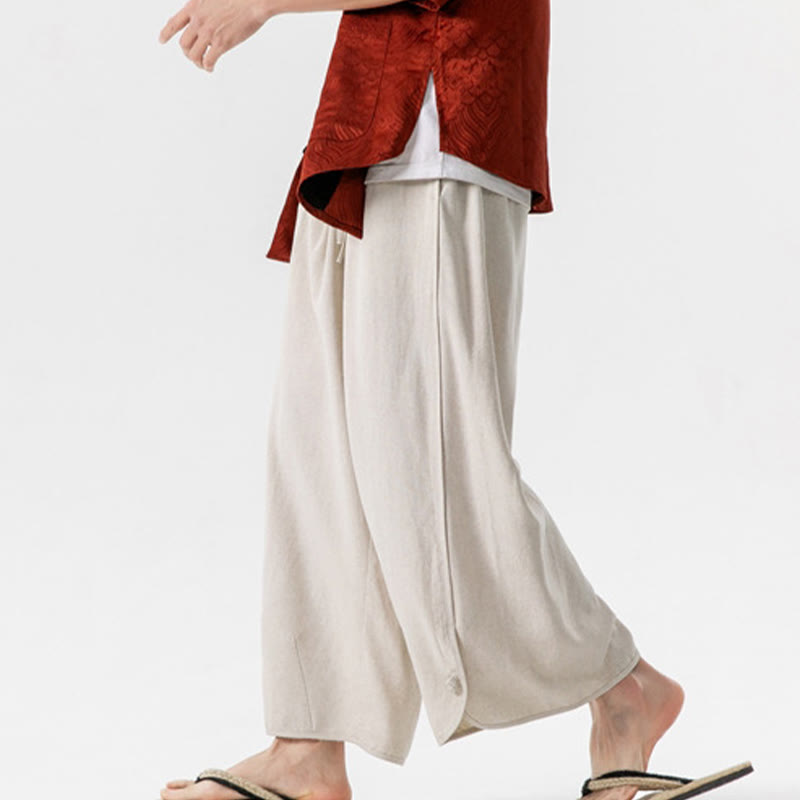 Nimara Ritual Casual Loose Frog-Button Plain Men's Cotton Linen 7-8 Length Pants With Pockets