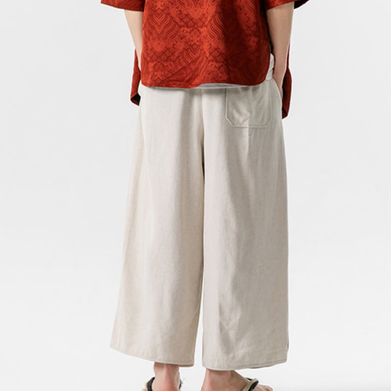 Nimara Ritual Casual Loose Frog-Button Plain Men's Cotton Linen 7-8 Length Pants With Pockets
