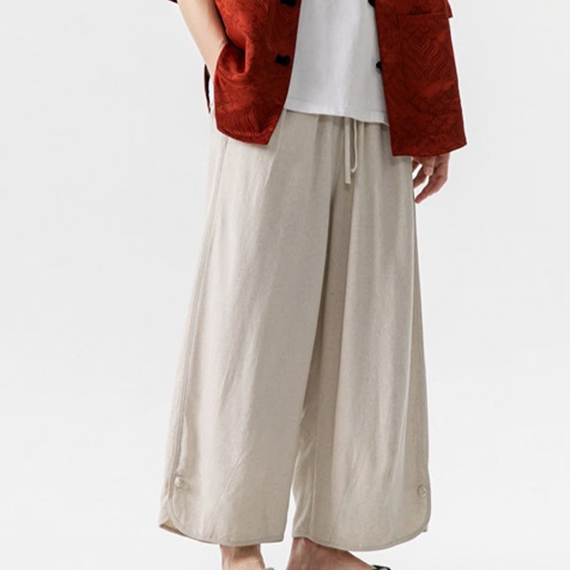 Nimara Ritual Casual Loose Frog-Button Plain Men's Cotton Linen 7-8 Length Pants With Pockets