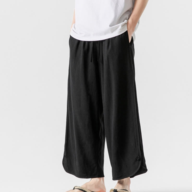 Nimara Ritual Casual Loose Frog-Button Plain Men's Cotton Linen 7-8 Length Pants With Pockets