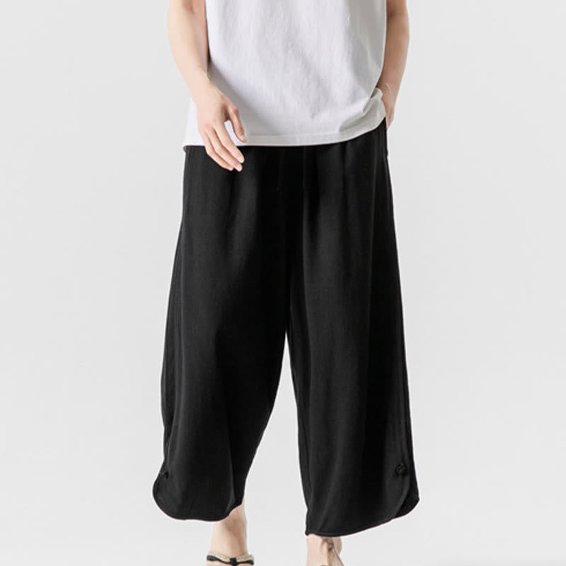 Nimara Ritual Casual Loose Frog-Button Plain Men's Cotton Linen 7-8 Length Pants With Pockets
