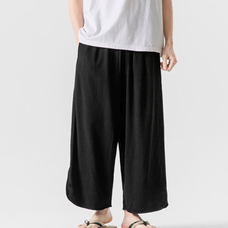 Nimara Ritual Casual Loose Frog-Button Plain Men's Cotton Linen 7-8 Length Pants With Pockets