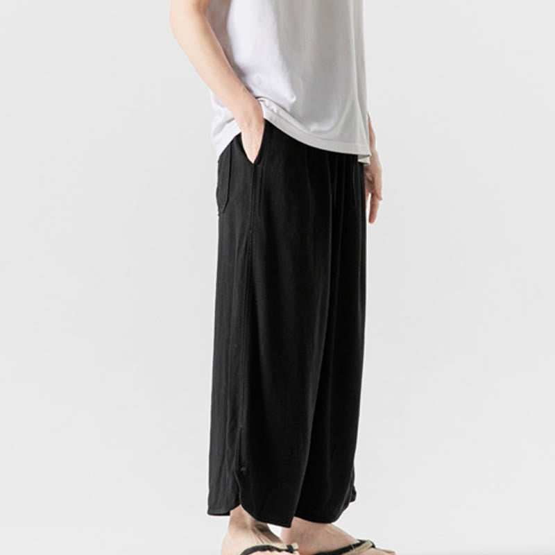 Nimara Ritual Casual Loose Frog-Button Plain Men's Cotton Linen 7-8 Length Pants With Pockets