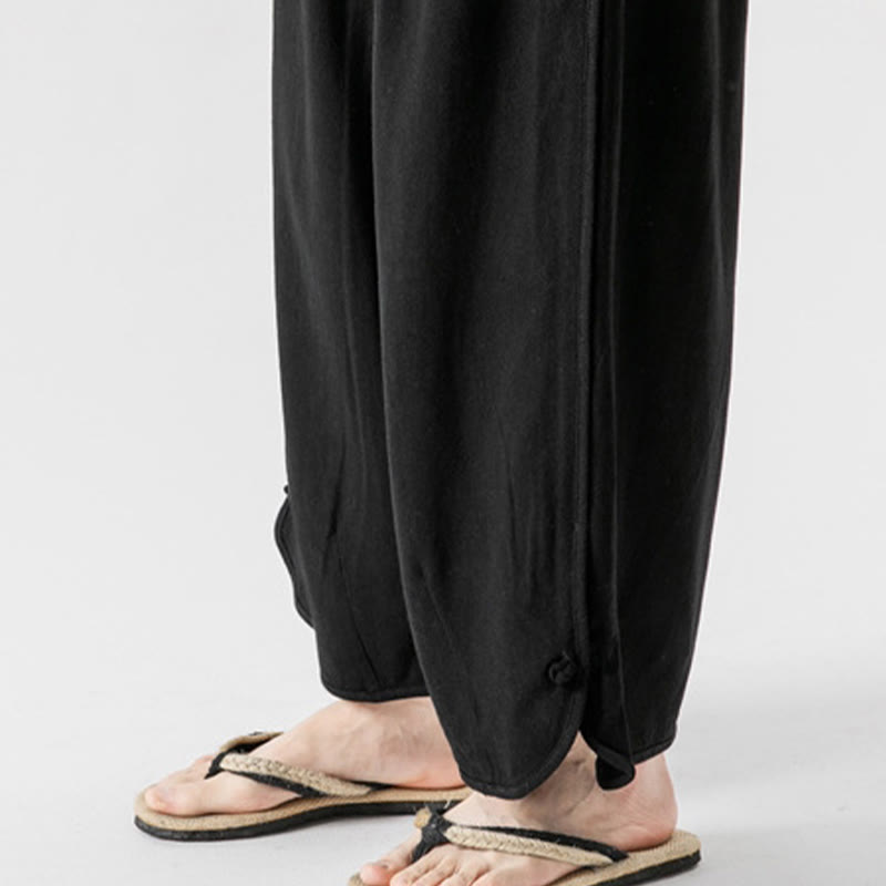 Nimara Ritual Casual Loose Frog-Button Plain Men's Cotton Linen 7-8 Length Pants With Pockets