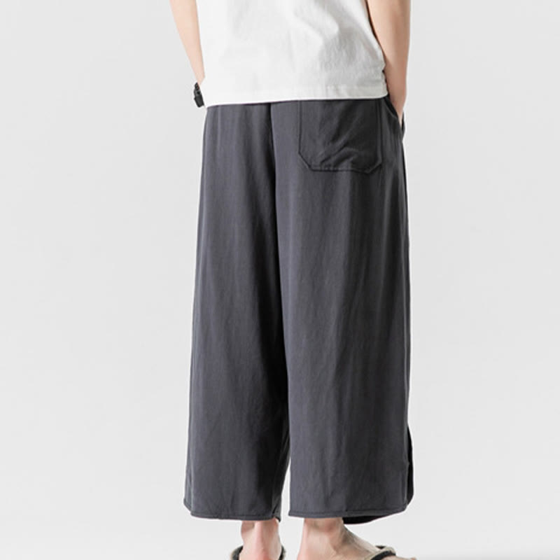 Nimara Ritual Casual Loose Frog-Button Plain Men's Cotton Linen 7-8 Length Pants With Pockets