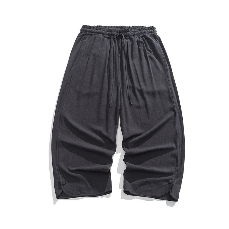 Nimara Ritual Casual Loose Frog-Button Plain Men's Cotton Linen 7-8 Length Pants With Pockets