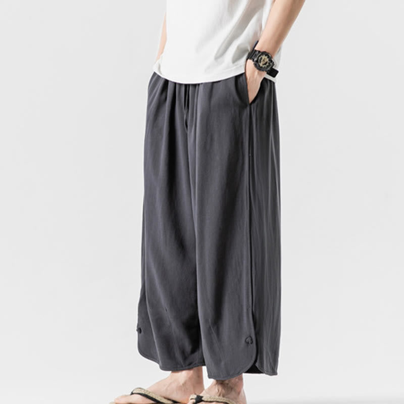 Nimara Ritual Casual Loose Frog-Button Plain Men's Cotton Linen 7-8 Length Pants With Pockets