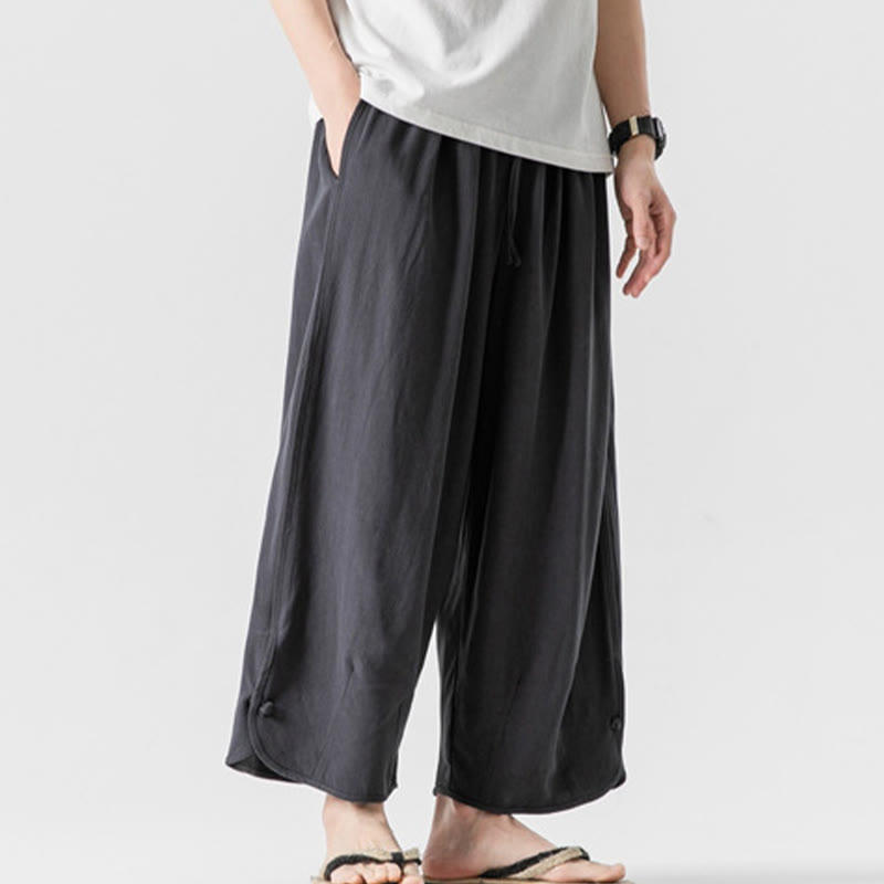 Nimara Ritual Casual Loose Frog-Button Plain Men's Cotton Linen 7-8 Length Pants With Pockets