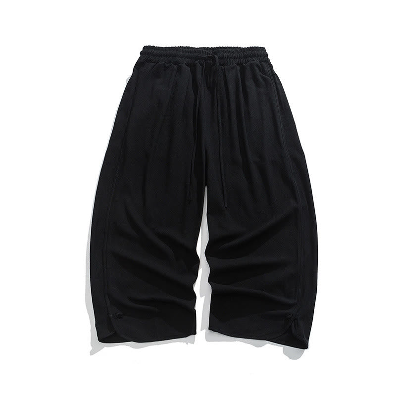 Nimara Ritual Casual Loose Frog-Button Plain Men's Cotton Linen 7-8 Length Pants With Pockets