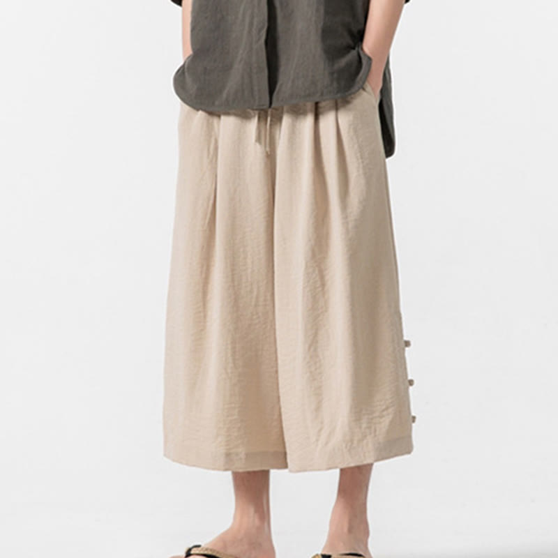 Nimara Ritual Casual Loose Frog-Button Plain Men's Cotton 7-8 Length Wide Leg Pants With Pockets