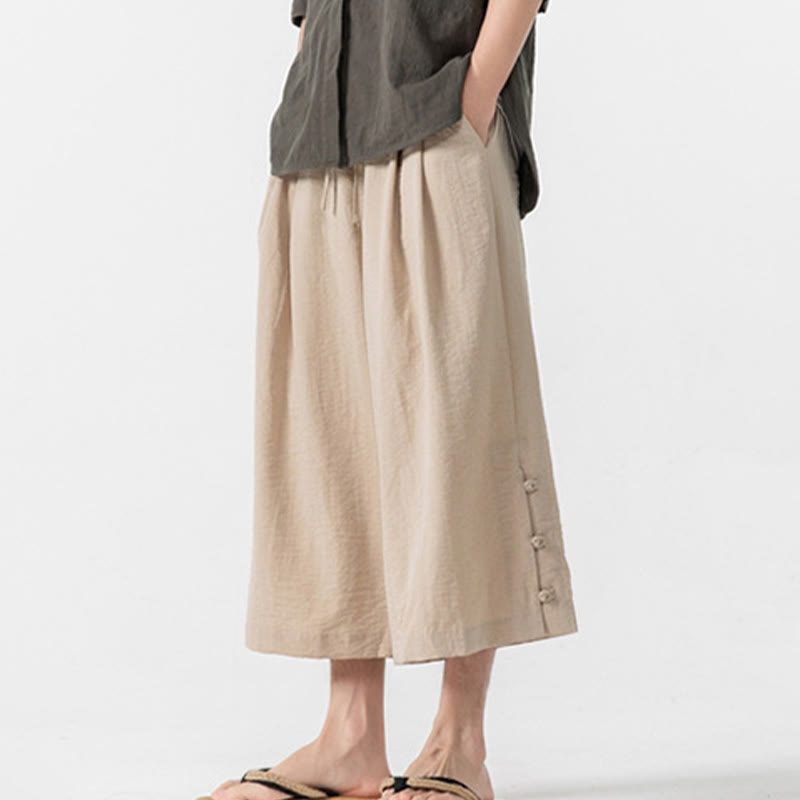 Nimara Ritual Casual Loose Frog-Button Plain Men's Cotton 7-8 Length Wide Leg Pants With Pockets