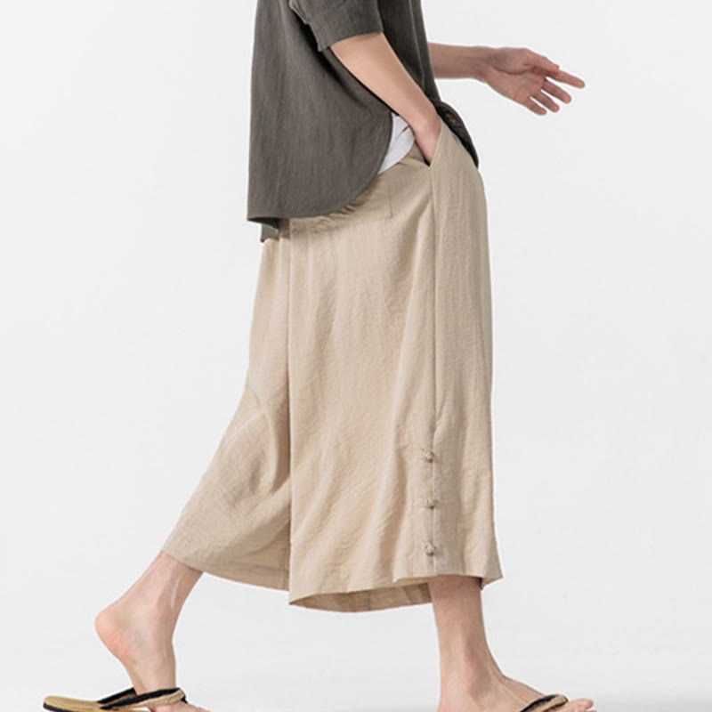 Nimara Ritual Casual Loose Frog-Button Plain Men's Cotton 7-8 Length Wide Leg Pants With Pockets