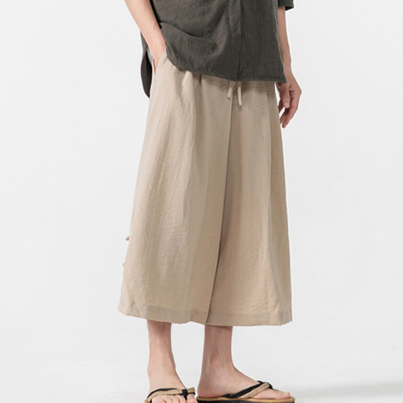 Nimara Ritual Casual Loose Frog-Button Plain Men's Cotton 7-8 Length Wide Leg Pants With Pockets
