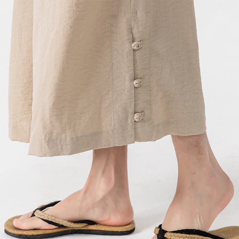 Nimara Ritual Casual Loose Frog-Button Plain Men's Cotton 7-8 Length Wide Leg Pants With Pockets