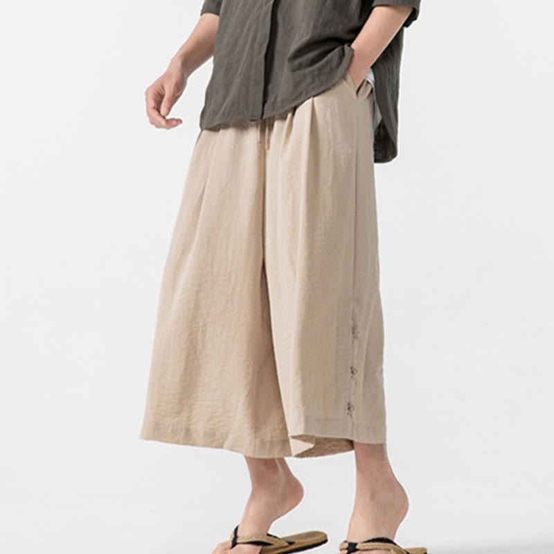 Nimara Ritual Casual Loose Frog-Button Plain Men's Cotton 7-8 Length Wide Leg Pants With Pockets