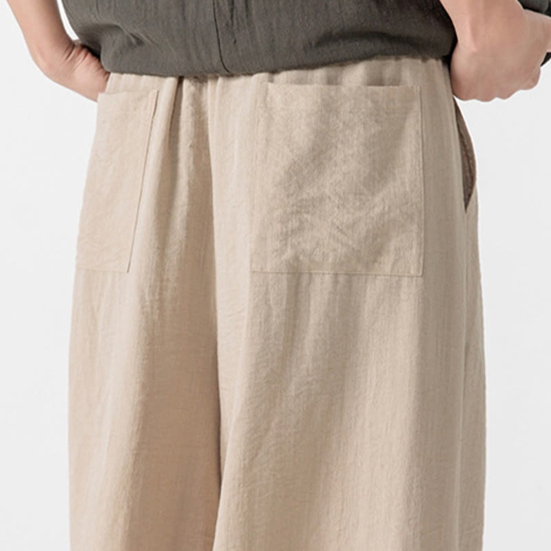 Nimara Ritual Casual Loose Frog-Button Plain Men's Cotton 7-8 Length Wide Leg Pants With Pockets