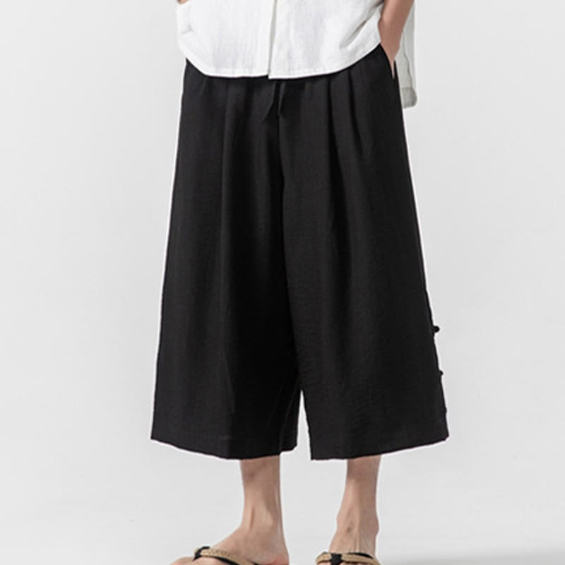 Nimara Ritual Casual Loose Frog-Button Plain Men's Cotton 7-8 Length Wide Leg Pants With Pockets