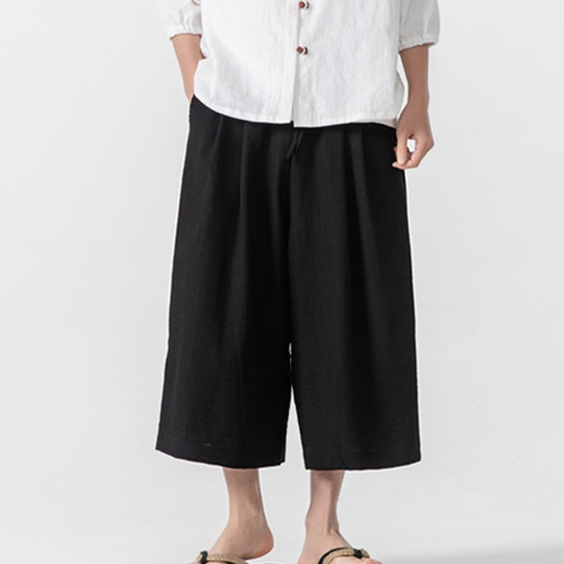 Nimara Ritual Casual Loose Frog-Button Plain Men's Cotton 7-8 Length Wide Leg Pants With Pockets