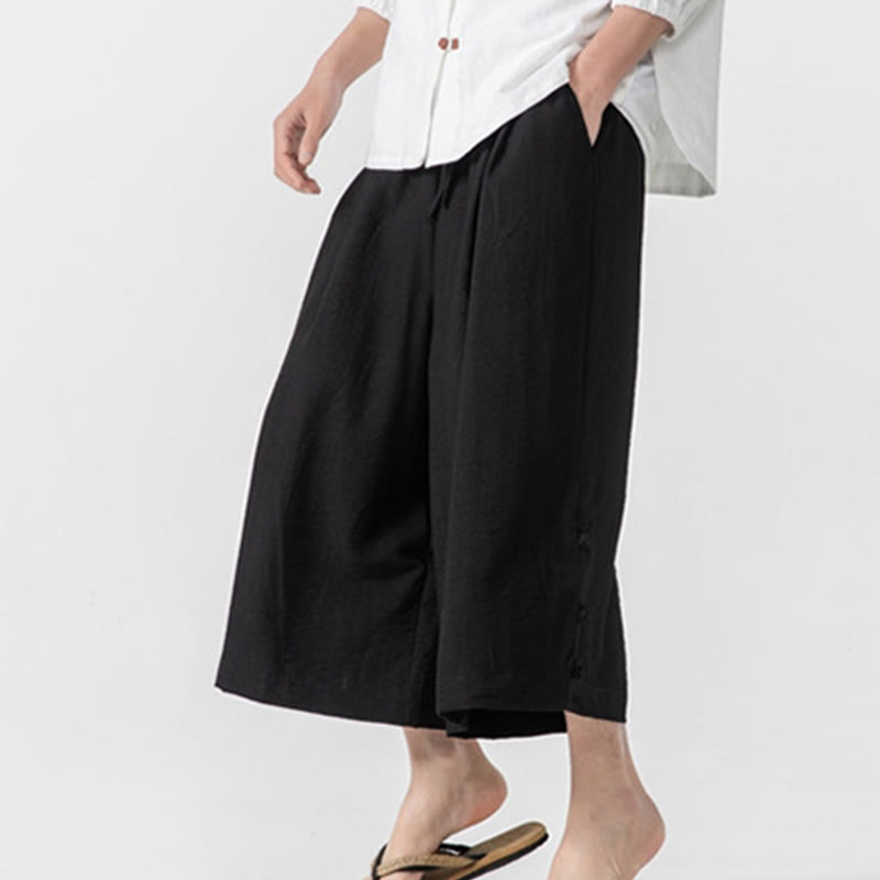 Nimara Ritual Casual Loose Frog-Button Plain Men's Cotton 7-8 Length Wide Leg Pants With Pockets