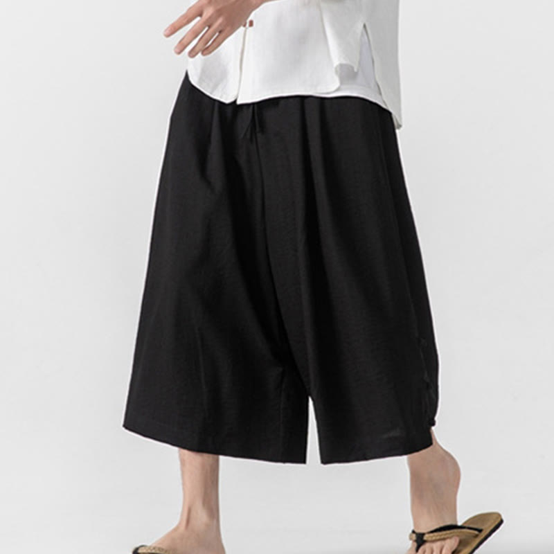 Nimara Ritual Casual Loose Frog-Button Plain Men's Cotton 7-8 Length Wide Leg Pants With Pockets