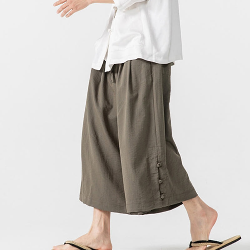 Nimara Ritual Casual Loose Frog-Button Plain Men's Cotton 7-8 Length Wide Leg Pants With Pockets