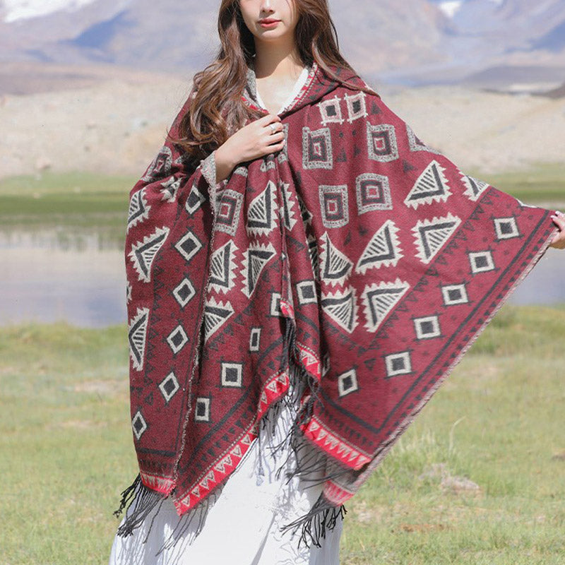 Nimara Ritual Tibetan Shawl Triangle Pattern Hooded Cloak Winter Cozy Travel Scarf Wrap