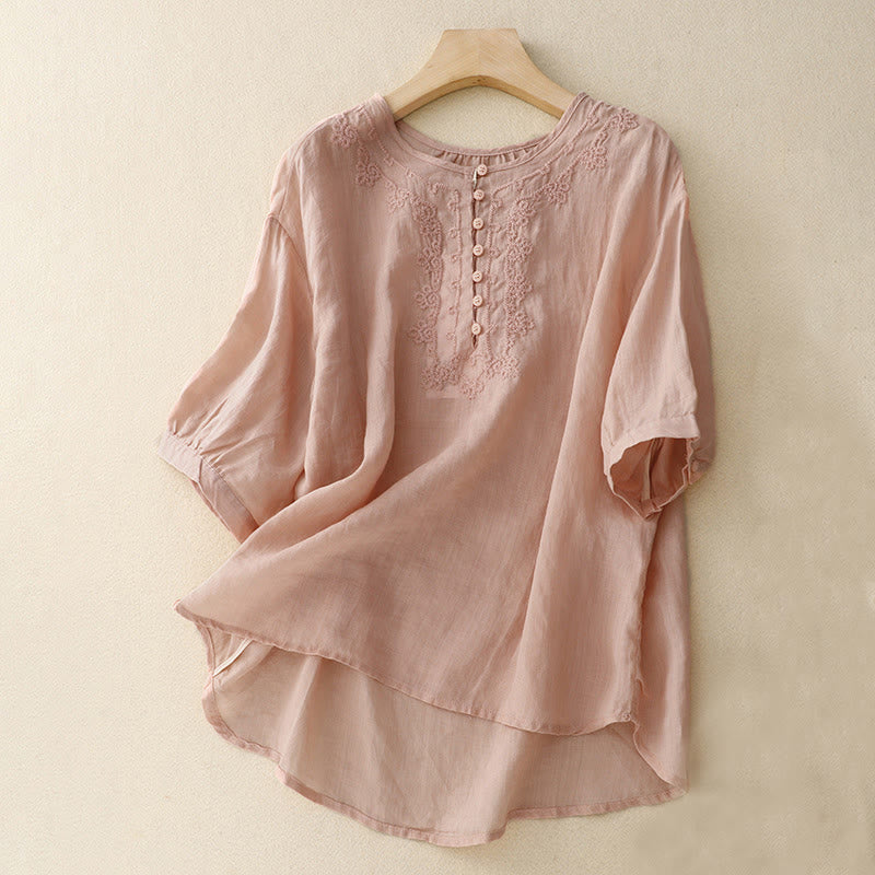 Nimara Ritual Line Embroidery Button Crew Neck Half Sleeve Women's Cotton Shirt
