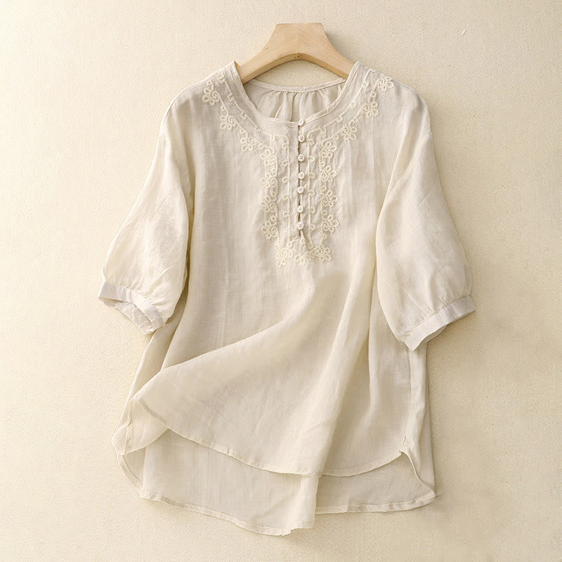 Nimara Ritual Line Embroidery Button Crew Neck Half Sleeve Women's Cotton Shirt