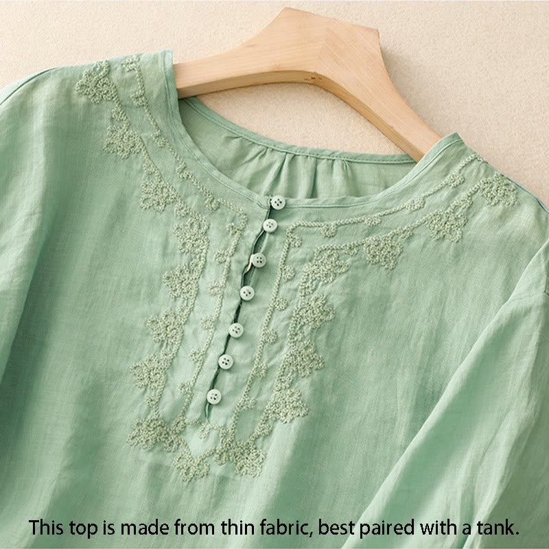 Nimara Ritual Line Embroidery Button Crew Neck Half Sleeve Women's Cotton Shirt