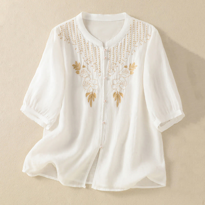 Nimara Ritual Rose Floral Embroidery Button Half Sleeve Women's Cotton Shirt