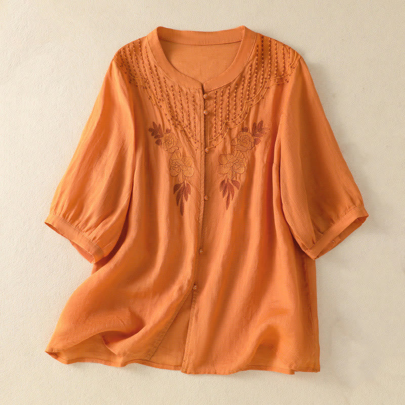 Nimara Ritual Rose Floral Embroidery Button Half Sleeve Women's Cotton Shirt