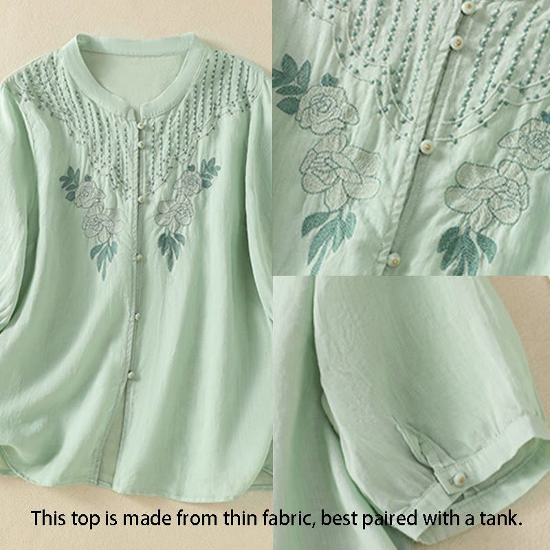 Nimara Ritual Rose Floral Embroidery Button Half Sleeve Women's Cotton Shirt