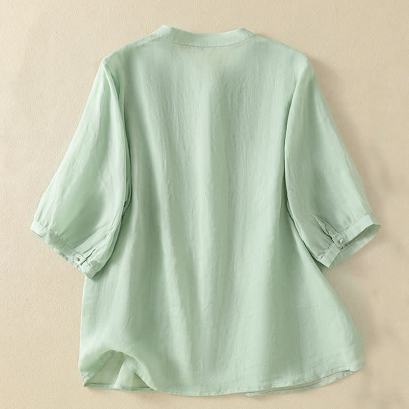 Nimara Ritual Rose Floral Embroidery Button Half Sleeve Women's Cotton Shirt