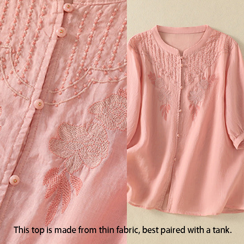 Nimara Ritual Rose Floral Embroidery Button Half Sleeve Women's Cotton Shirt